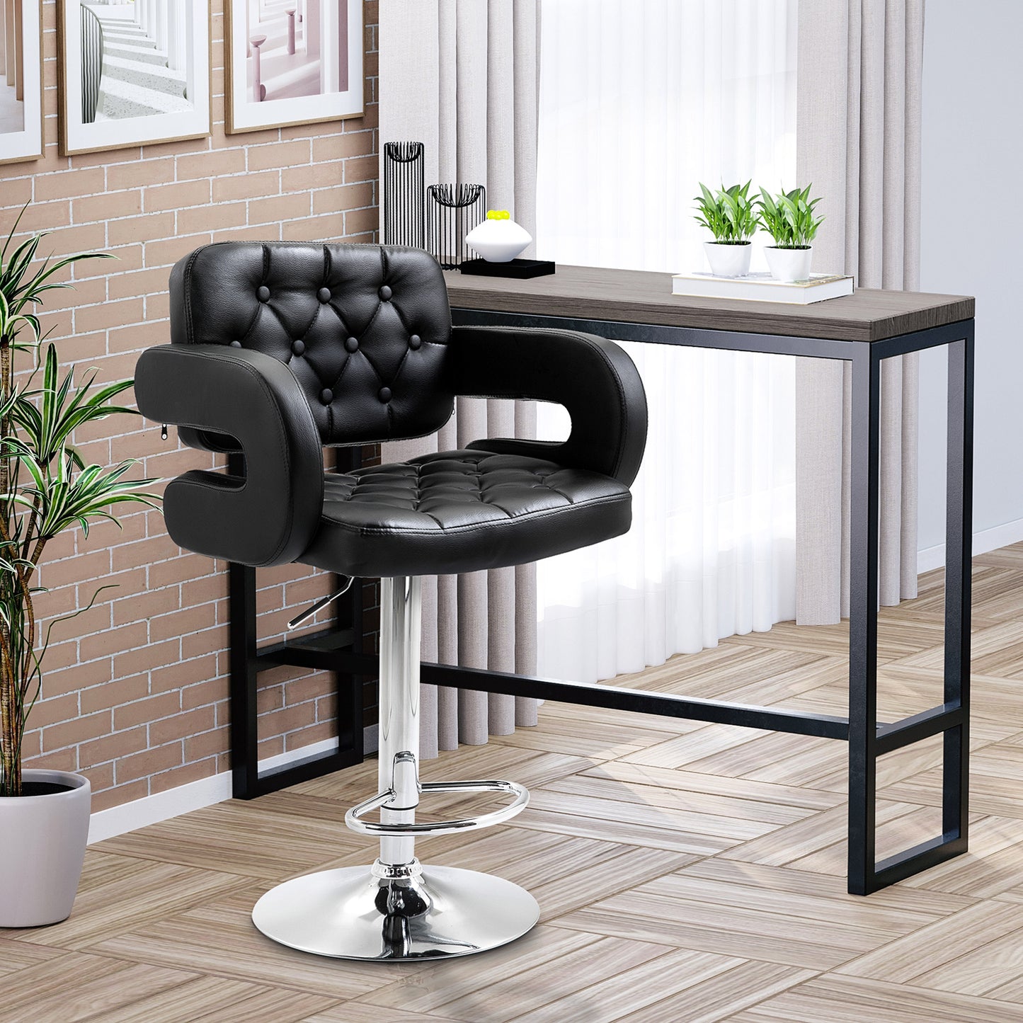 HOMCOM PU Leather Upholstered Swivel Bar Stool Height Adjustable Barstool with Back Armrest Footrest for Kitchen
