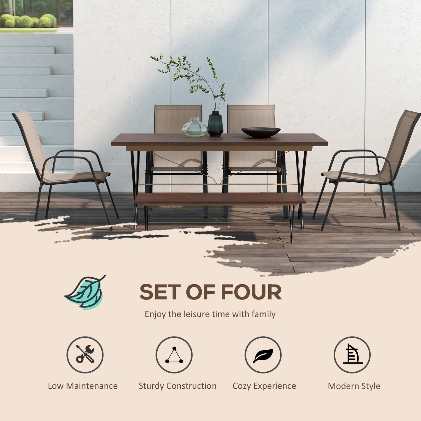 Outsunny 4 Pieces Garden Chairs, Stackable Outdoor Chairs with High Backrest and Armrest, Breathable Mesh Fabric Dining Chair Set of 4, Dark Grey