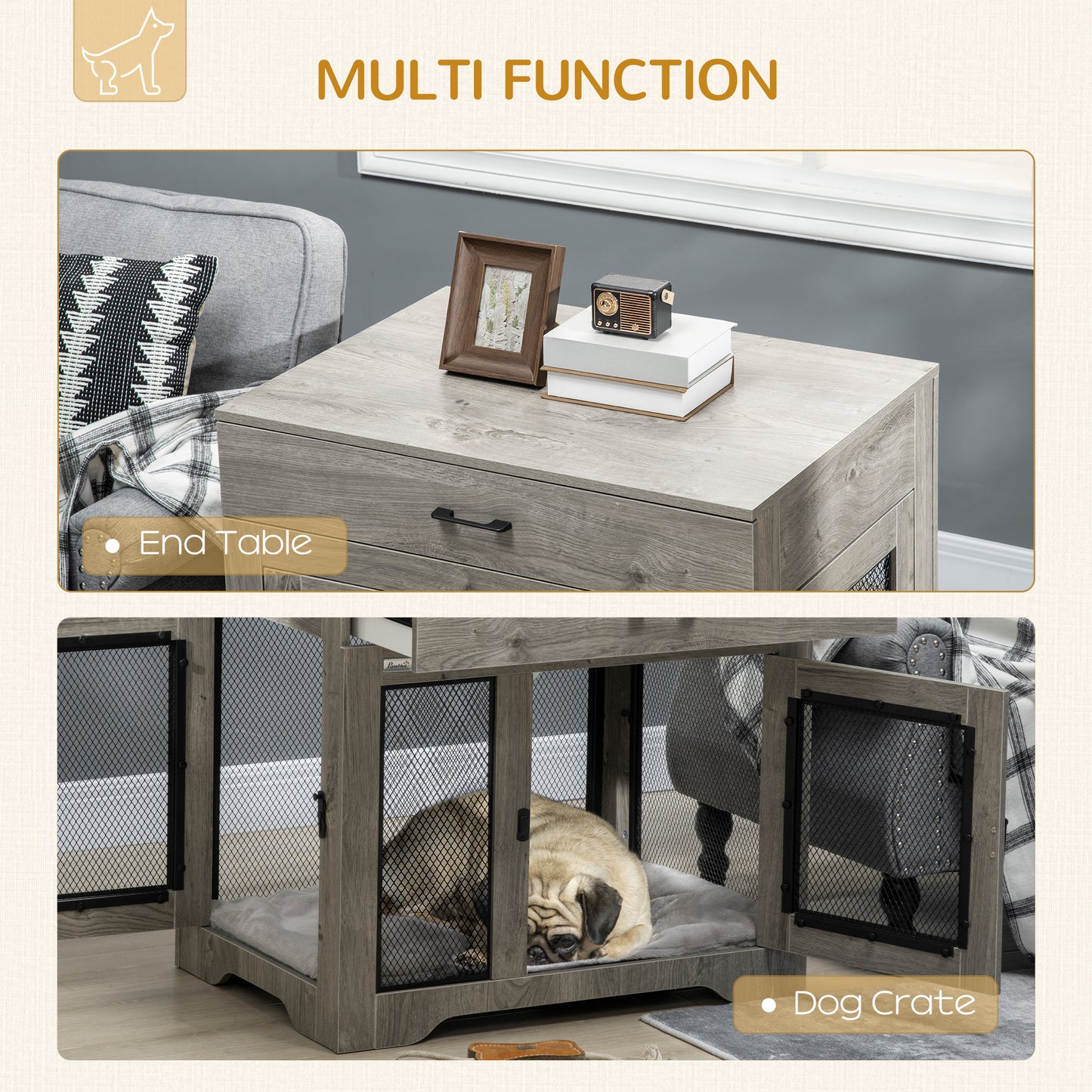 PawHut Indoor Use Dog Crate Furniture with Cushion, Double Doors Pet Kennel End Table with Drawer for Medium Dogs, Grey