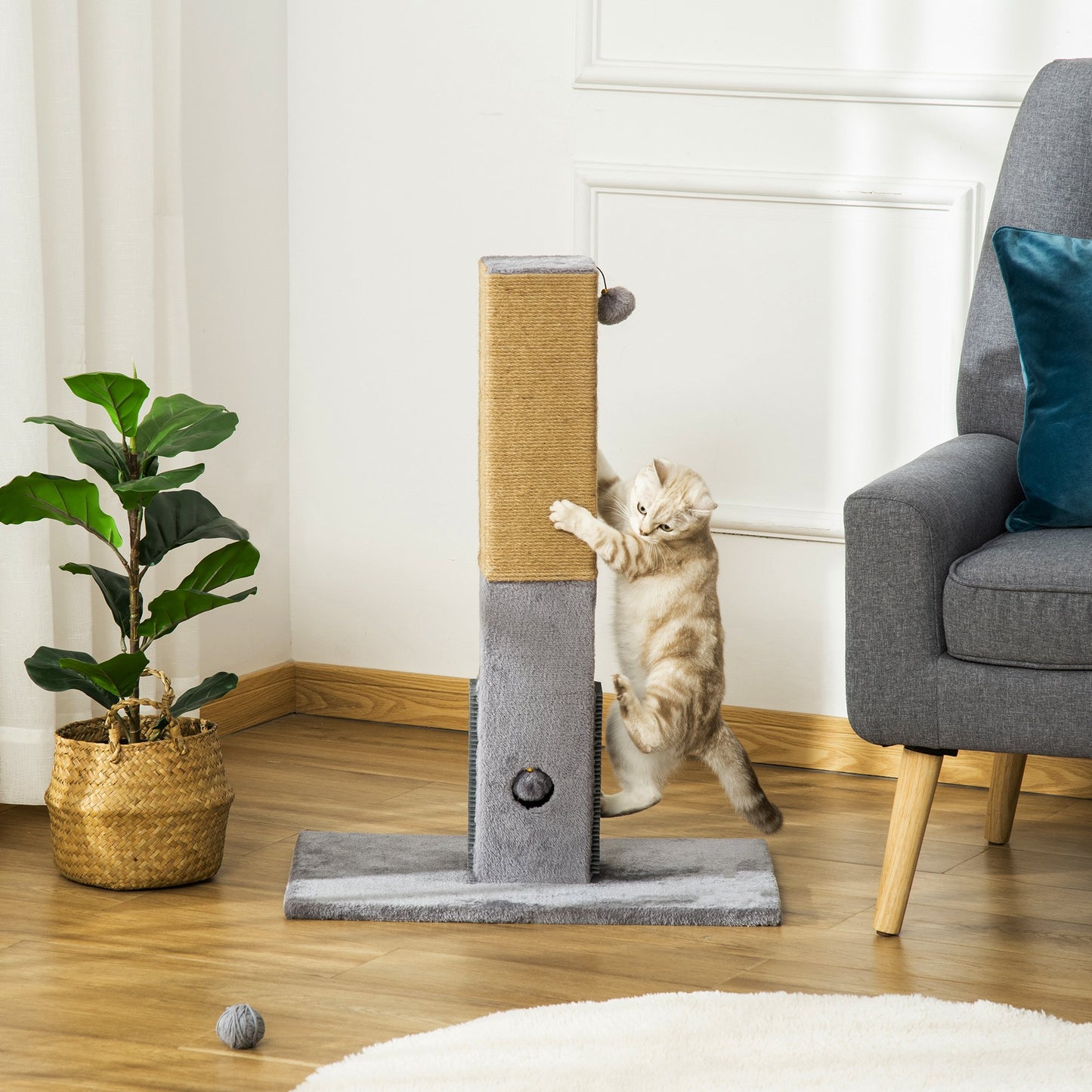 PawHut Cat Scratching Post, 79cm Tall Jute Scratcher Climber, Cat Tree Activity Center with Carpet Base, Dangling Ball, Grey w/ Ball Base