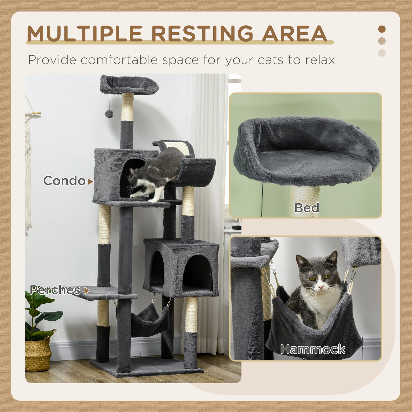 PawHut 177cm Cat Tree with Scratching Post Hammock Cat House Dark Grey