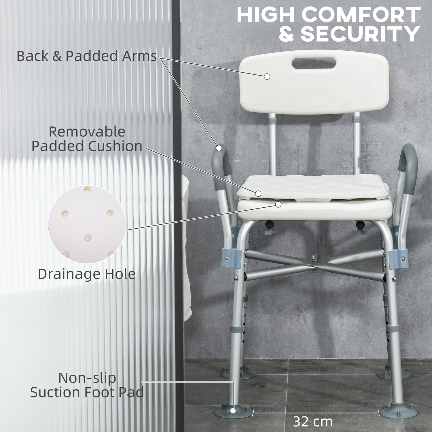 HOMCOM Aluminium Shower Chair with Backs and Arms Height