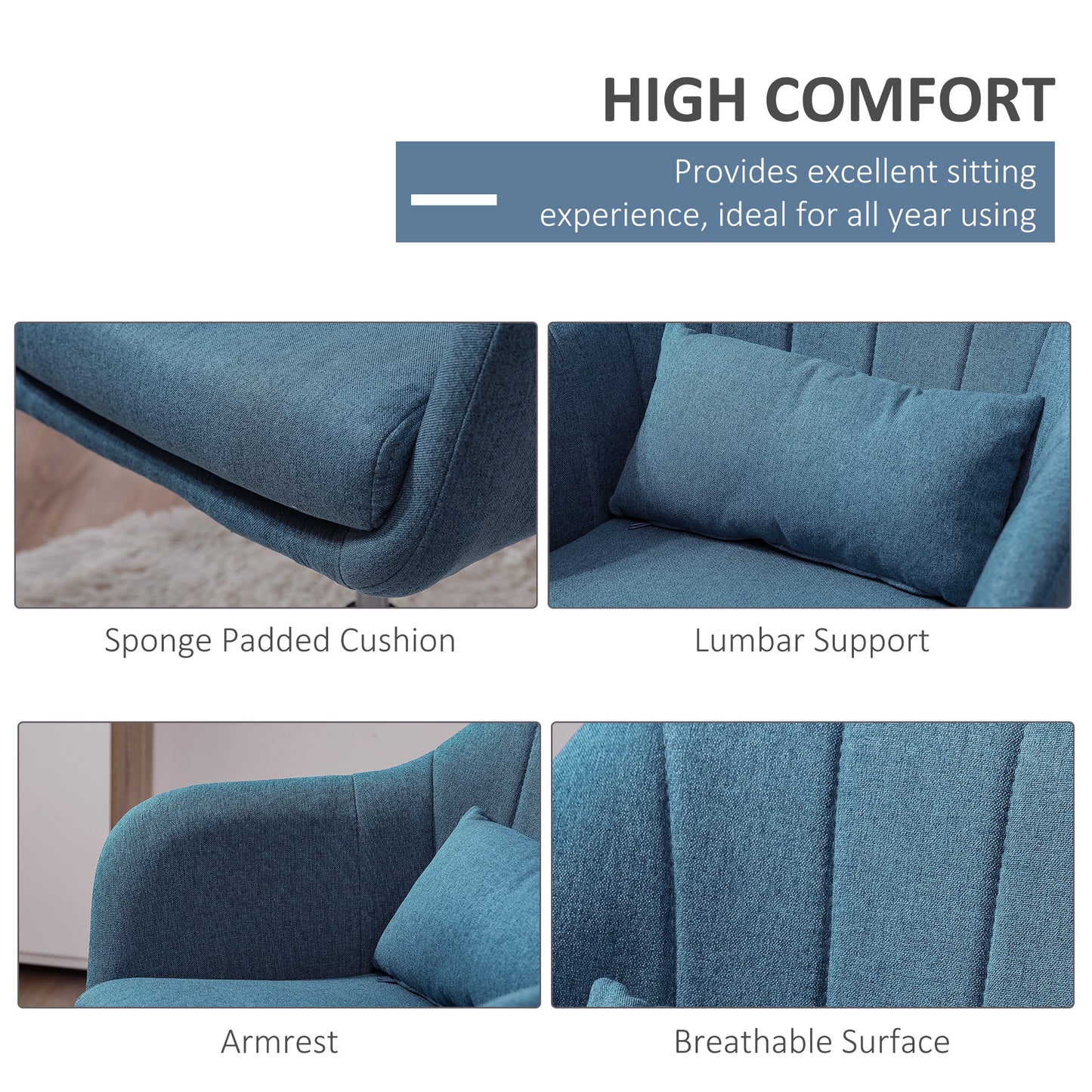 HOMCOM Swivel Accent Chair for Living Room Contemporary Vanity Armchair with Adjustable Height Thick Cushion Lumbar Support Armrest for Bedroom Office Blue