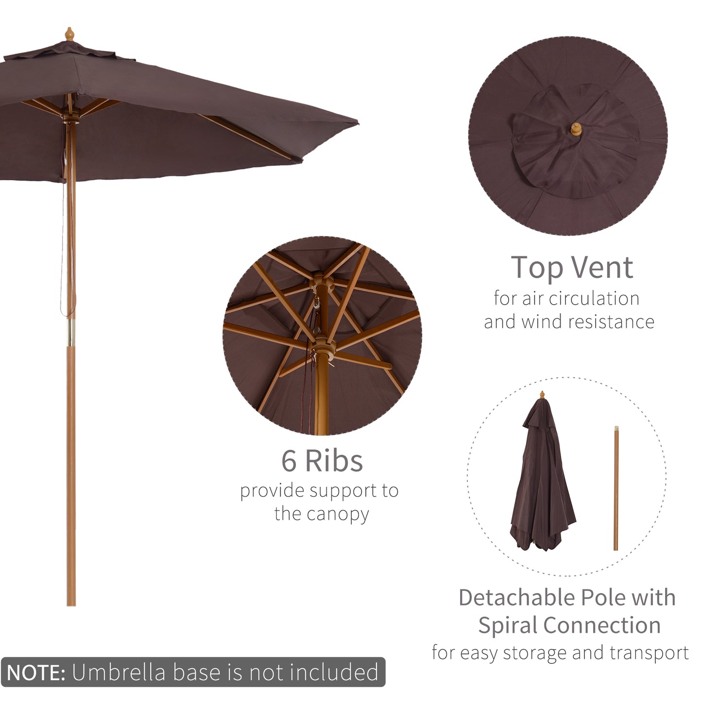 Outsunny 2.5 m New Garden Patio Outdoor Wooden Parasol Sun Shade Umbrella Canopy - Coffee