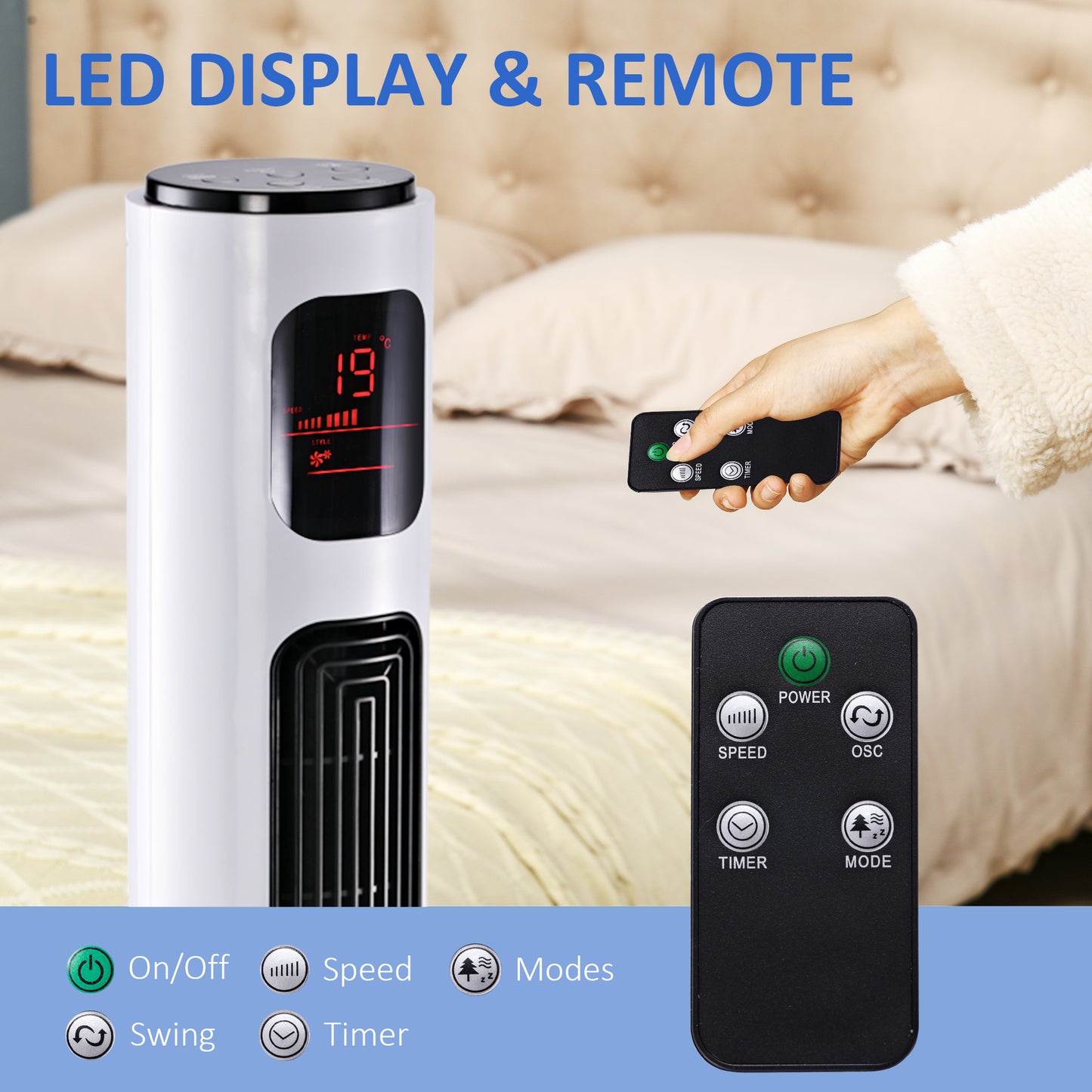 HOMCOM 38'' Freestanding Tower Fan, 3 Speed 3 Mode, 12h Timer, 70 Degree Oscillation, LED Panel, 5M Remote Controller, White