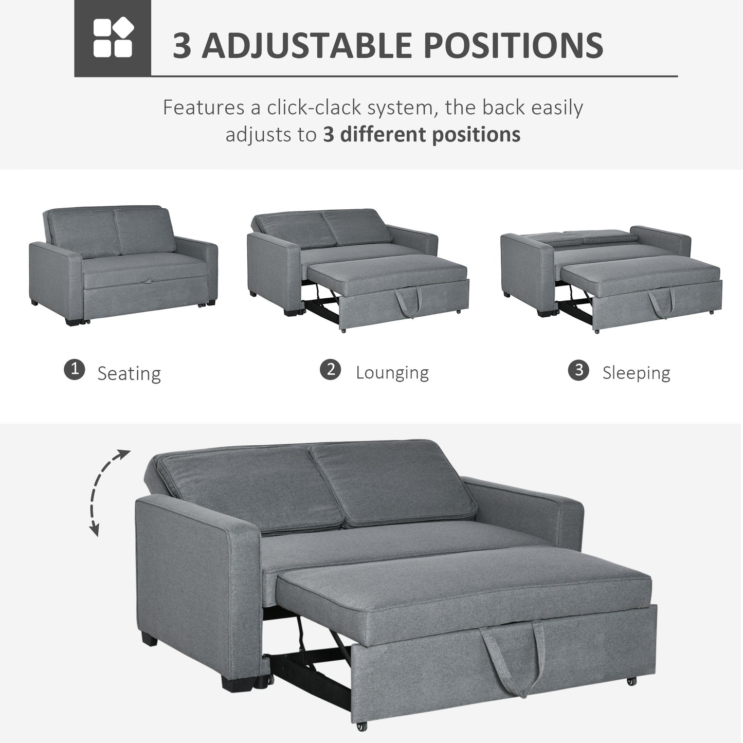 HOMCOM Double Sofa Bed Click Clack Sofa Bed Pull Out Bed with Adjustable Backrest for Living Room and Bedroom Grey