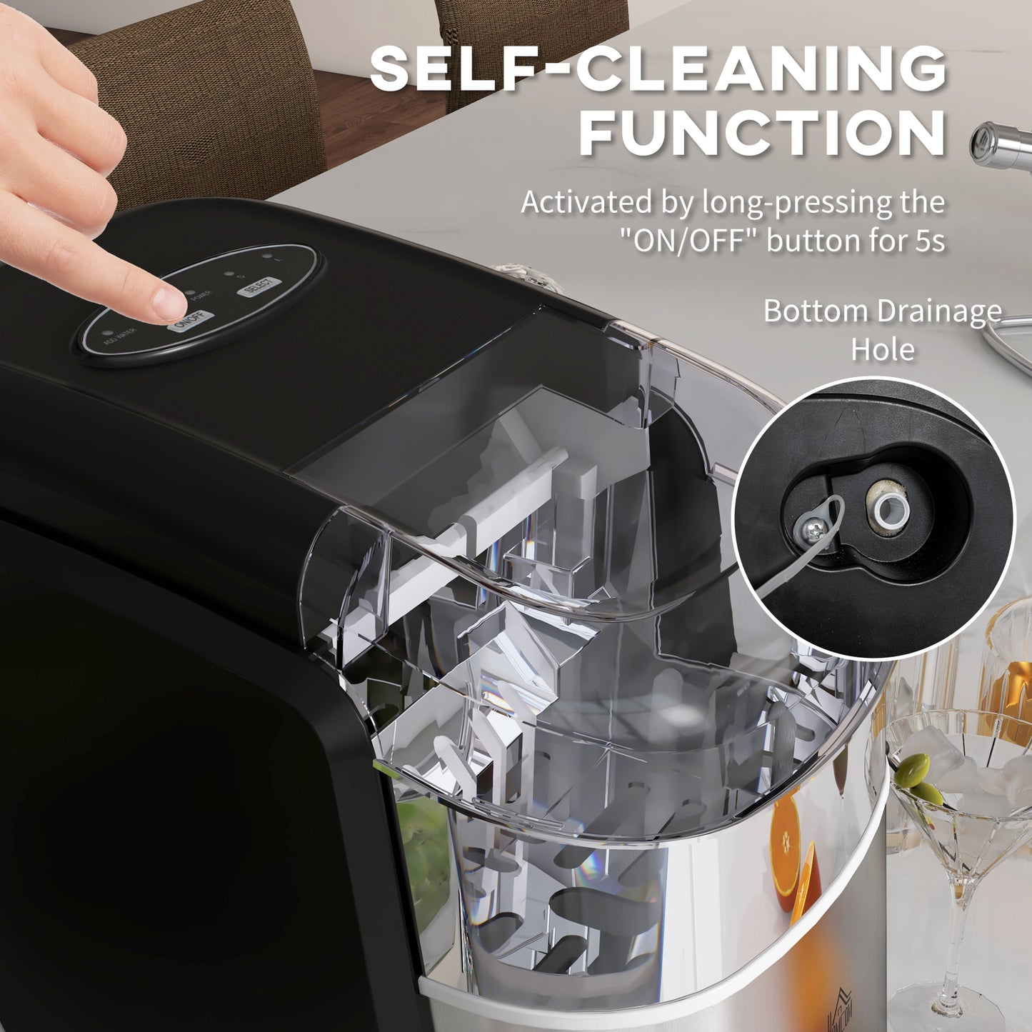 HOMCOM Ice Maker Machine Countertop, 12Kg in 24 Hrs, 9 Cubes Ready in 6-12Mins, Portable Ice Cube Maker with 2 Ice Cube Sizes, Self-Cleaning, Ice Scoop and Basket for Home, Kitchen, Party
