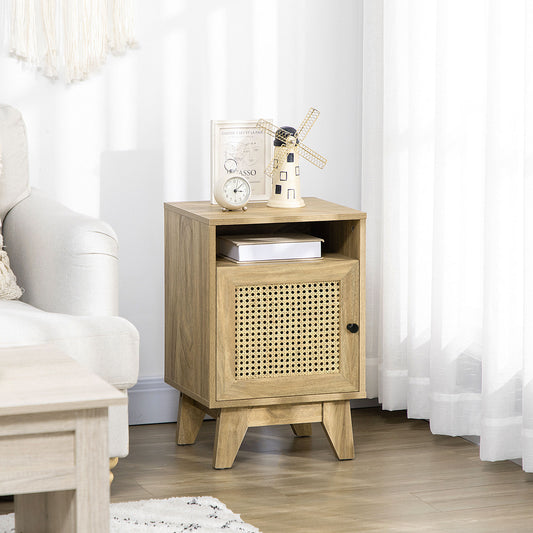 HOMCOM Bedside Table with Rattan Element, Side End Table with Shelf and Cupboard, 39cmx35cmx60cm, Natural
