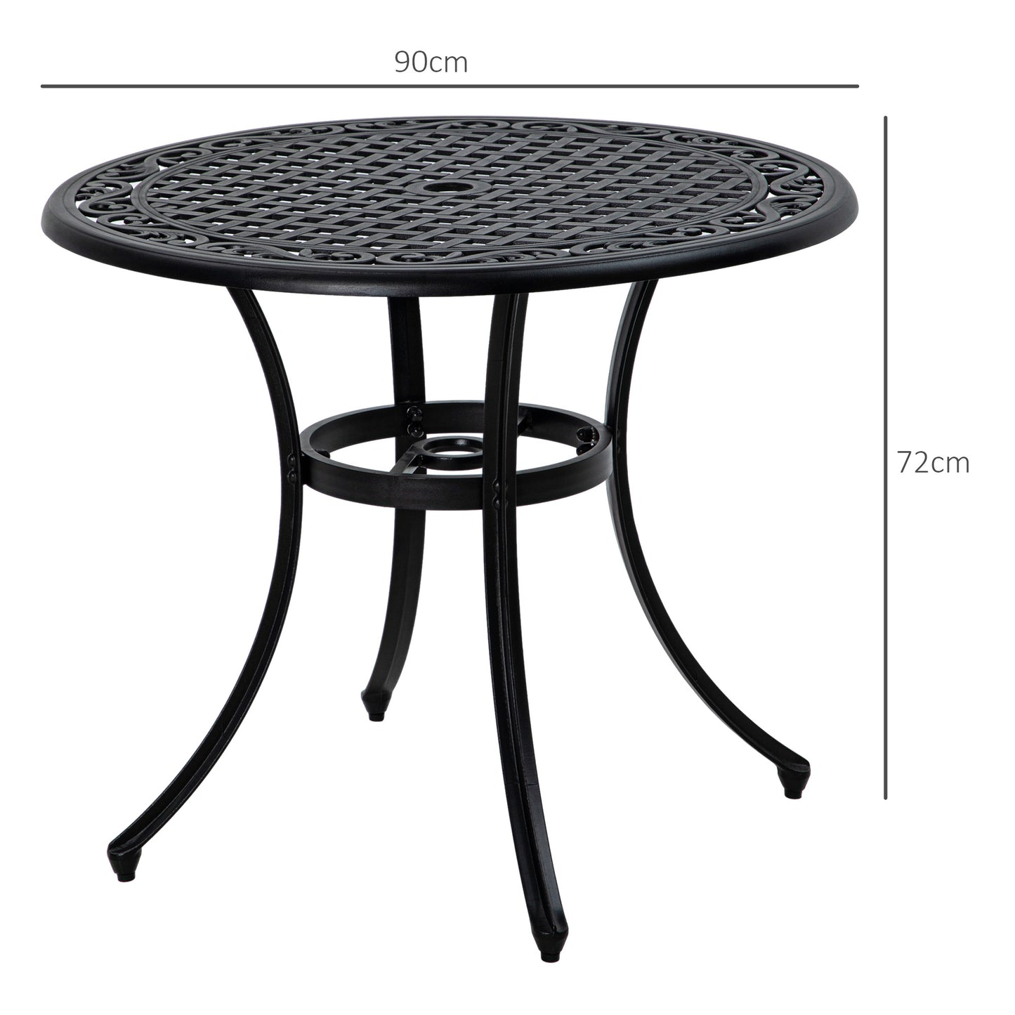 Outsunny Round Garden Table with Parasol Hole, 90cm Cast Aluminium Outdoor Dining Table for 2-4 for Balcony - Black