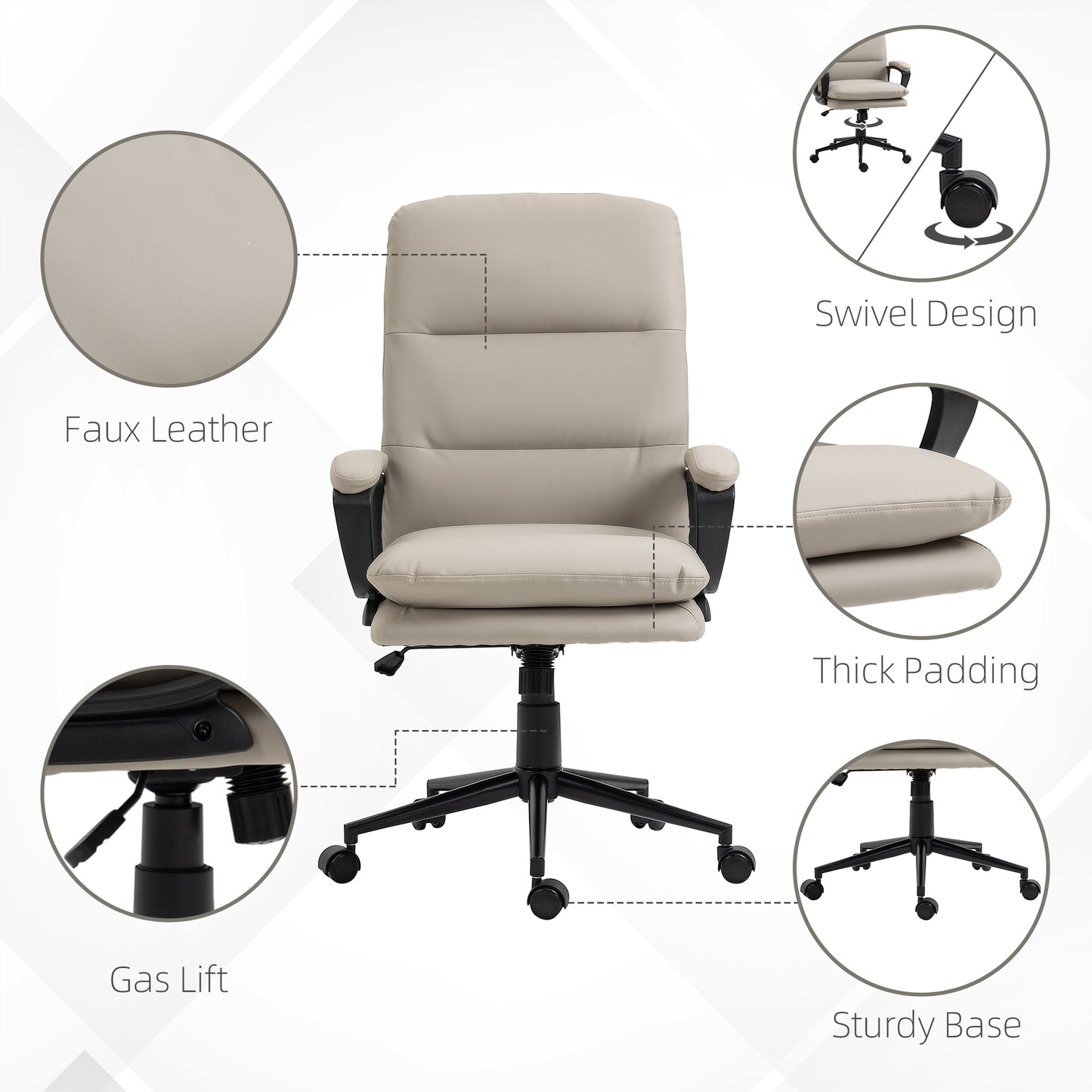 Vinsetto Ergonomic Computer Desk Chair PU Leather Office Chair with Adjustable Height and Swivel Rolling Wheels for Work Study Light Grey