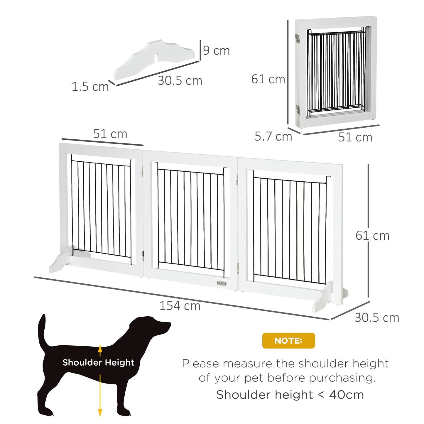 PawHut Dog Gate, Freestanding Pet Gate, Wooden Puppy Fence Foldable Design with 61 cm Height 3 Panels, 2 Support Feet, for House Doorway Stairs, Small Dogs, White