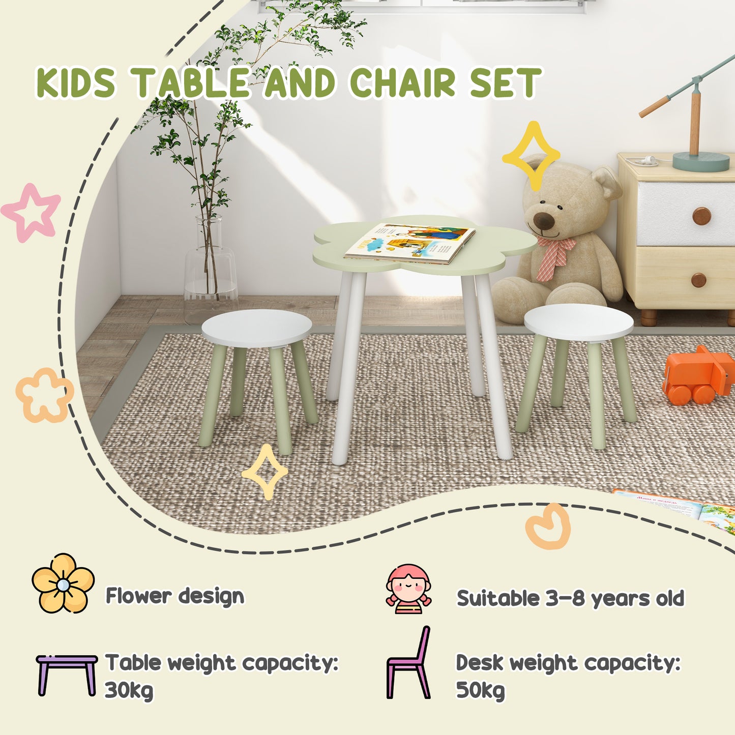 ZONEKIZ 3 Piece Kids Table and Chair Sets Flower Design Children Furniture Set for Bedroom Nursery Playroom Yellow