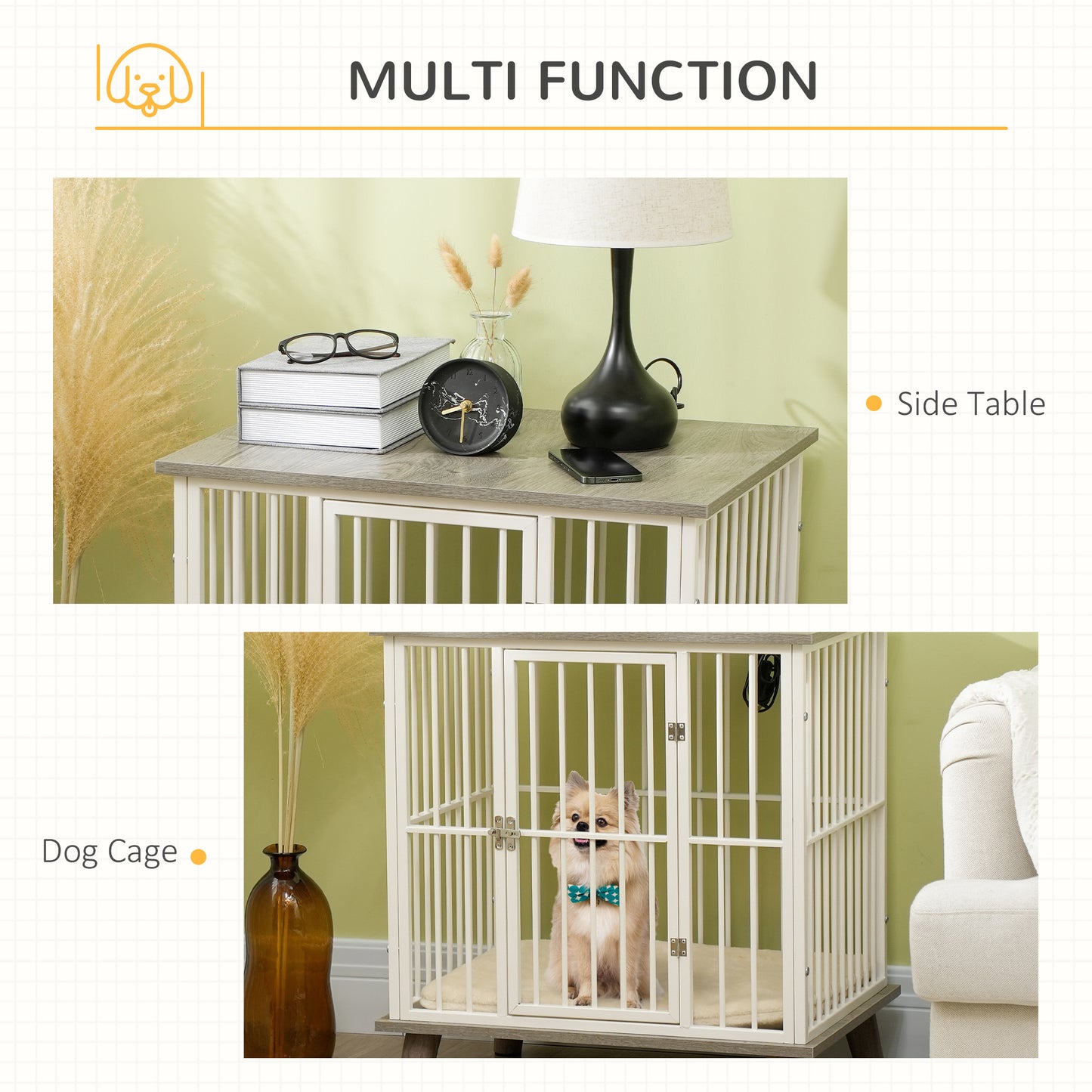 PawHut Dog Crate Furniture, Indoor Pet Kennel Cage, Top End Table w/ Soft Cushion, Lockable Door, for Small Dogs, 64.5 x 48 x 70.5 cm - Grey