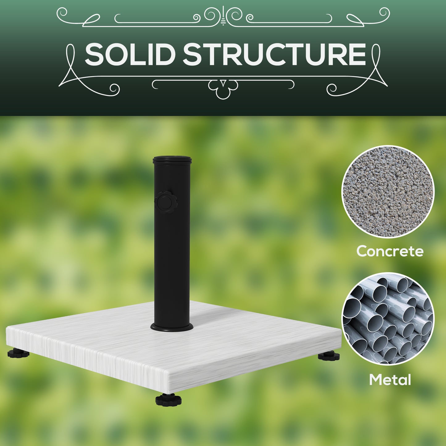 Outsunny 12kg Garden Parasol Base with Adjustable Foot Pad, Concrete Umbrella Stand with Wood Effect Decorative Base and Adjustable Knob, Rectangular Parasol Holder, White