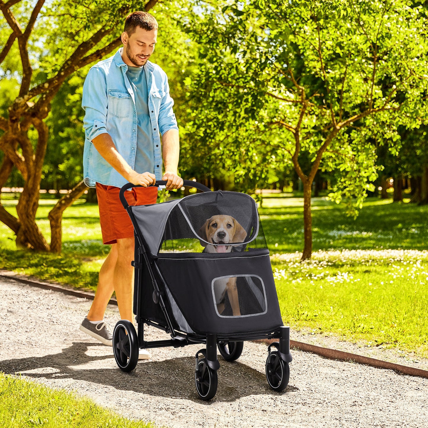 PawHut Foldable Pet Stroller with Universal Wheels Shock Absorber for Medium and Large Dogs Grey