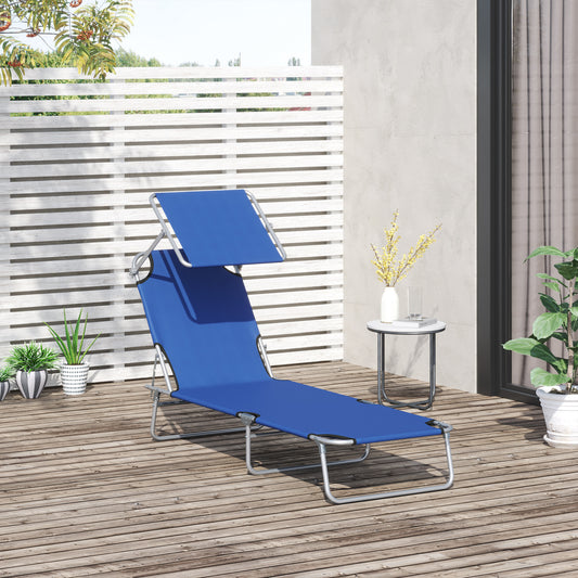 Outsunny Reclining Chair Folding Lounger Seat Sun Lounger with Sun Shade Awning Beach Garden Outdoor Patio Recliner Adjustable, Blue