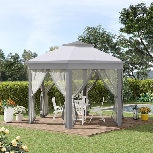 Outsunny Hexagon Patio Gazebo Pop Up Gazebo Outdoor Double Roof Instant Shelter with Netting, 4m x 4m, Grey