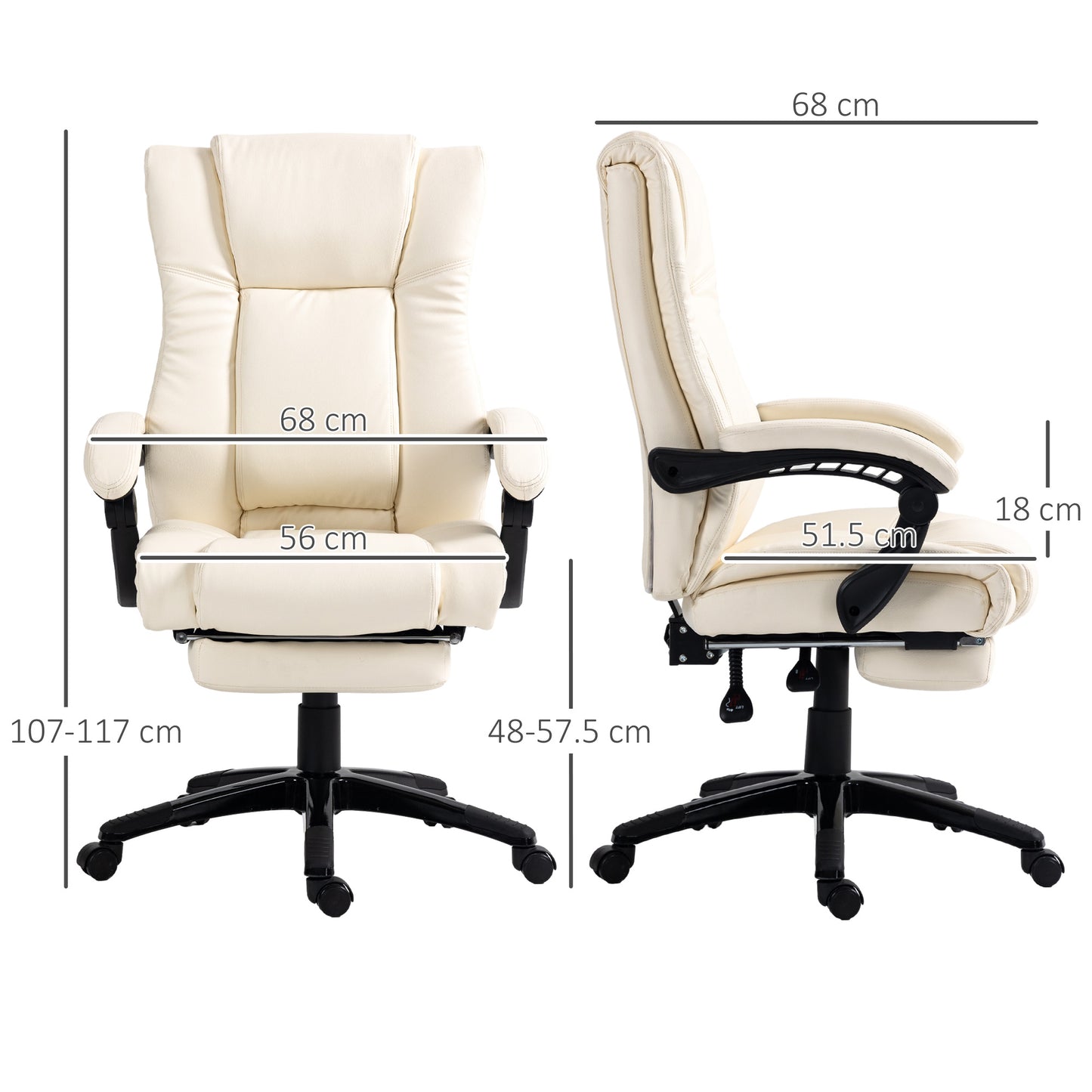 Vinsetto PU Leather Office Chair Swivel Computer Chair with Footrest Wheels Adjustable Height Cream White