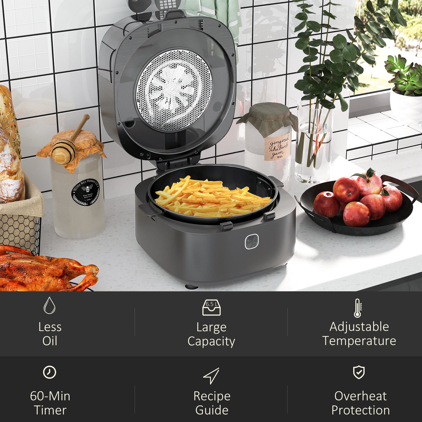 HOMCOM Family Air Fryer w/ Rapid Air Circulation and Recipes, 6.5L Adjustable Temperature and Non-stick Basket, 1350W, Grey