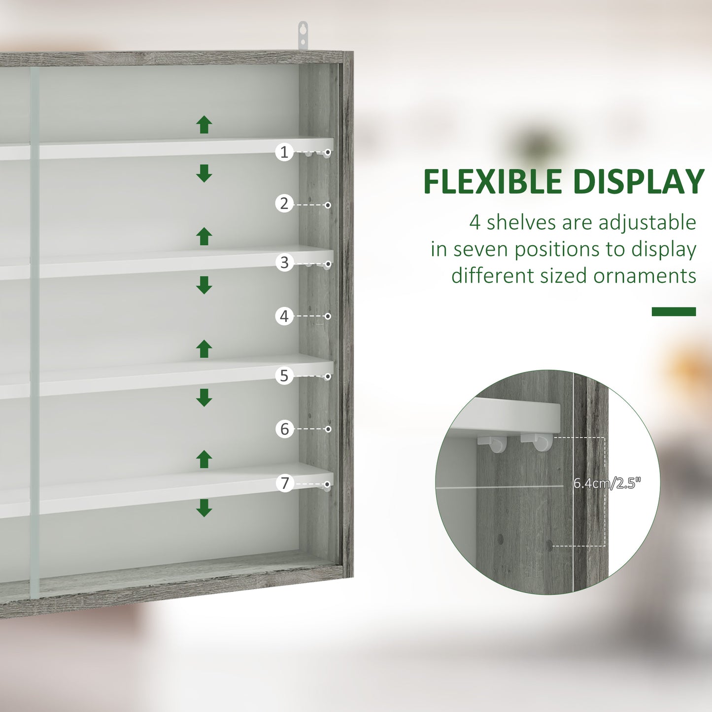 HOMCOM 5-Tier Wall Display Shelf Unit Cabinet w/ 4 Adjustable Shelves Glass Doors Home Office Ornaments 60x80cm Grey Wood Grain
