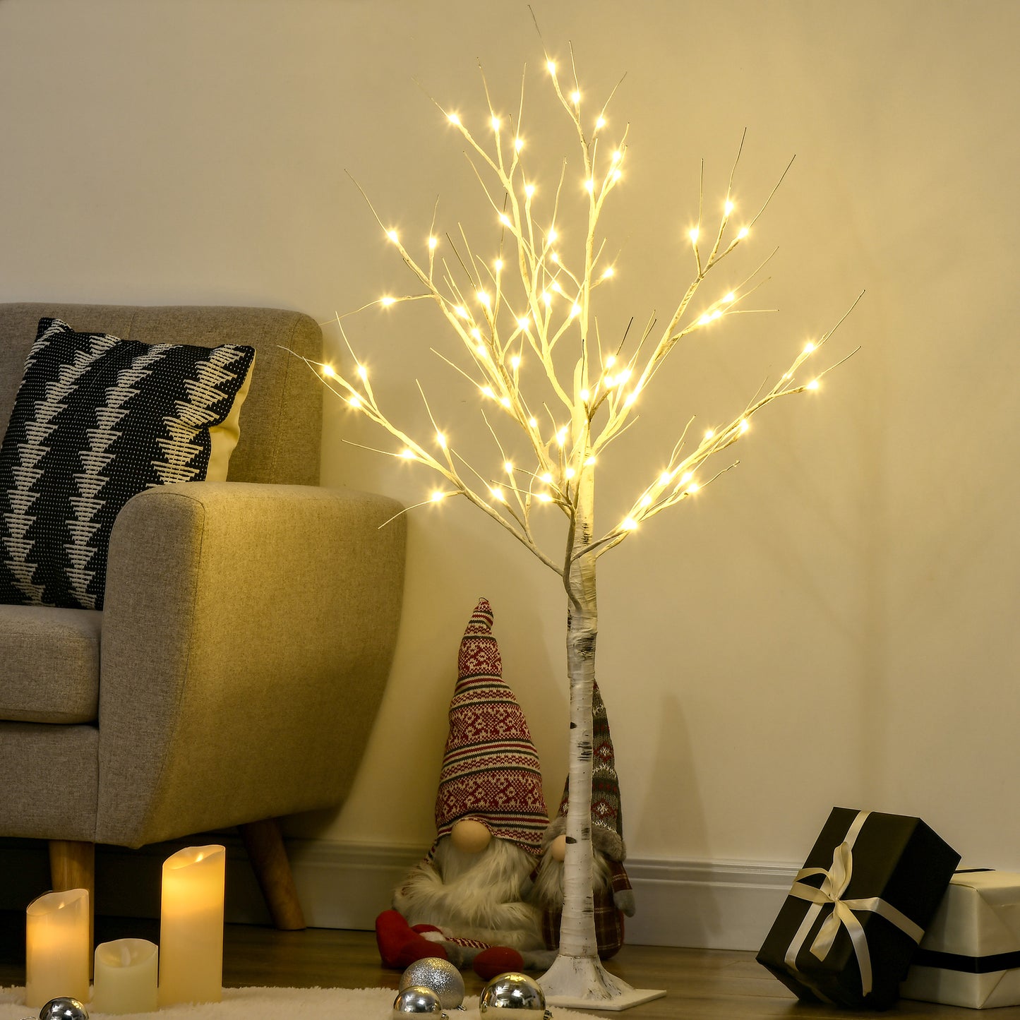 HOMCOM 4ft Artificial White Birch Tree Light with 72 Warm White Pre-Lit LED Light