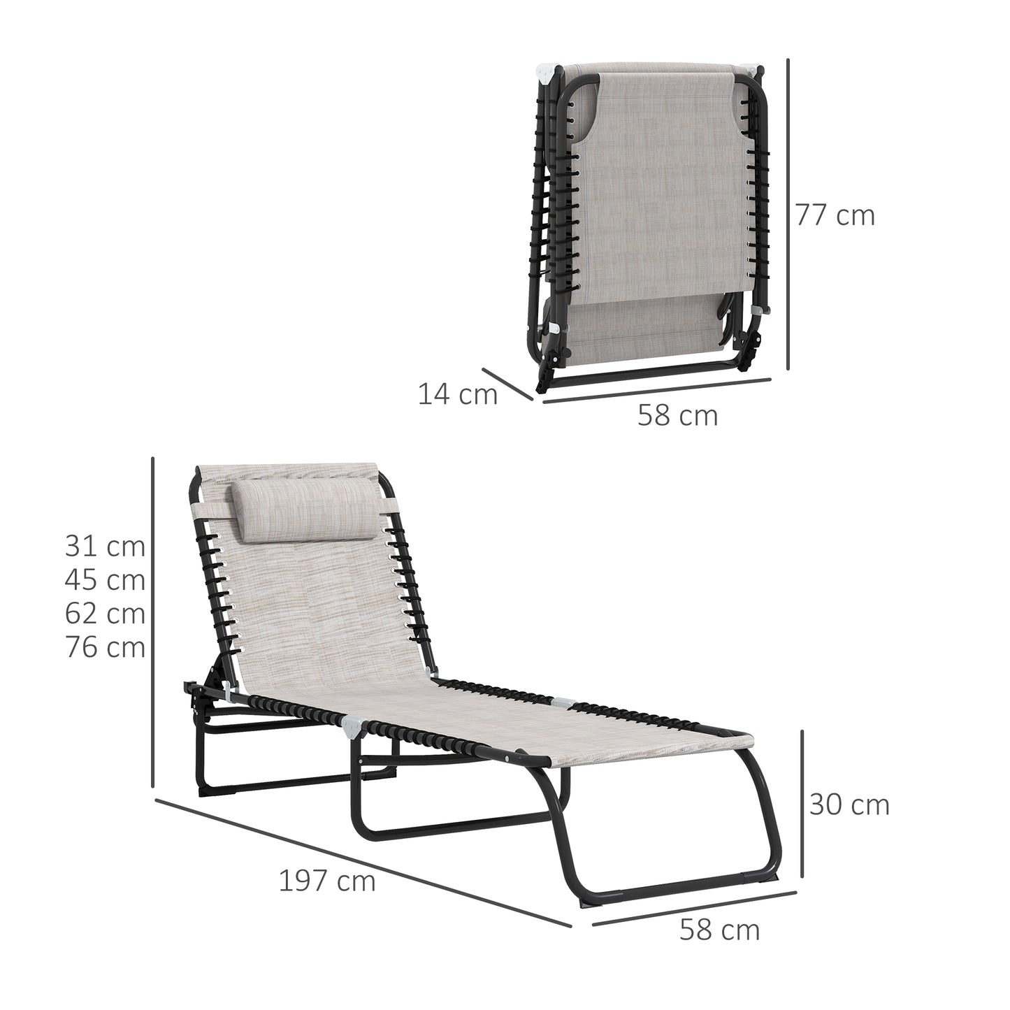 Outsunny 2 Pcs Folding Sun Lounger Beach Chaise Chair Garden Cot Camping Recliner with 4 Position Adjustable Cream White