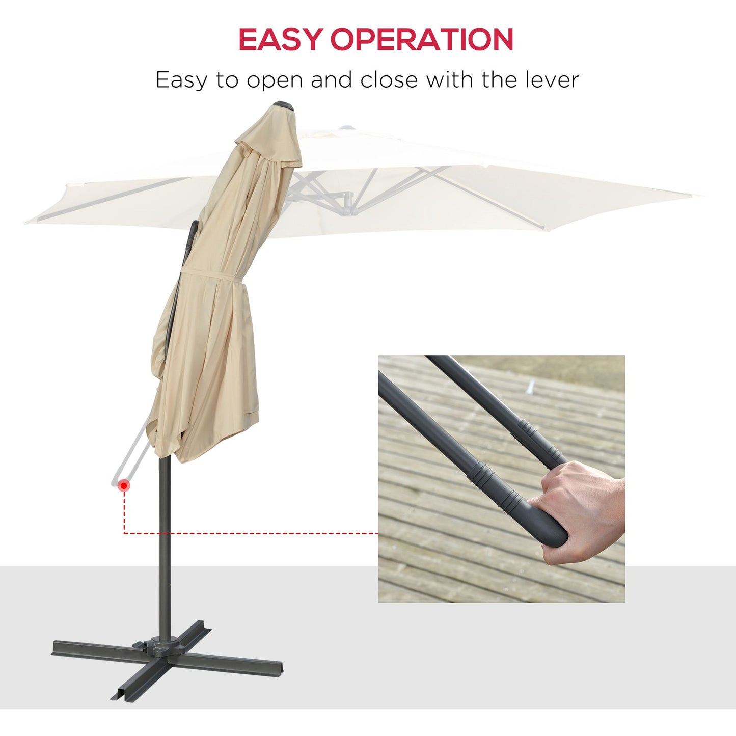 Outsunny 3m Cantilever Parasol with Easy Lever, Patio Umbrella with Crank Handle, Cross Base and 6 Metal Ribs, Outdoor Sun Shades for Garden, White