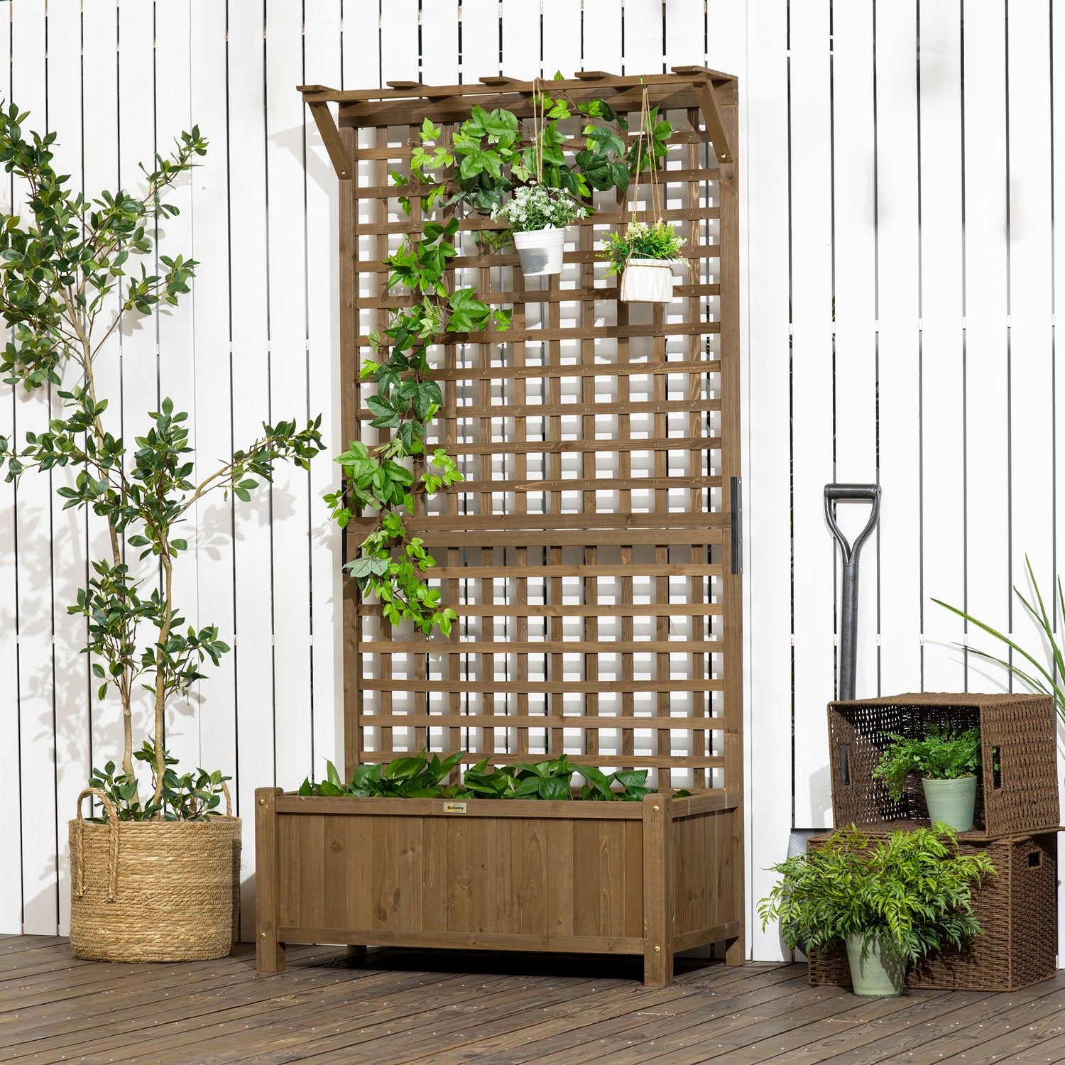 Outsunny Wood Planter with Trellis for Vine Climbing, Raised Garden Be ...