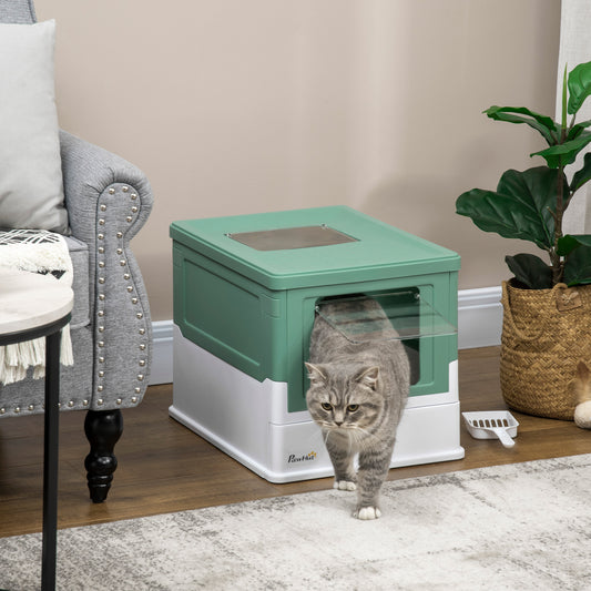 PawHut Hooded Cat Litter Box Scoop Included, Litter Tray with Front Entry Top Exit, Portable Pet Toilet with Large Space, Easy Assemble, 47.5 x 35.5 x 36.7 cm, Green