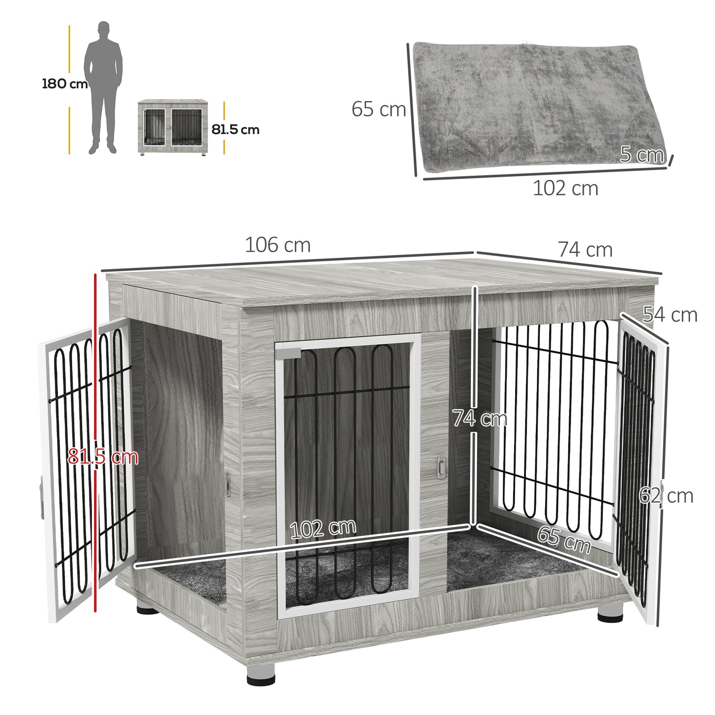 PawHut Indoor Dog Kennel w/ Soft Cushion Double Door for Large Dogs 106 x 74 x 81.5cm Grey