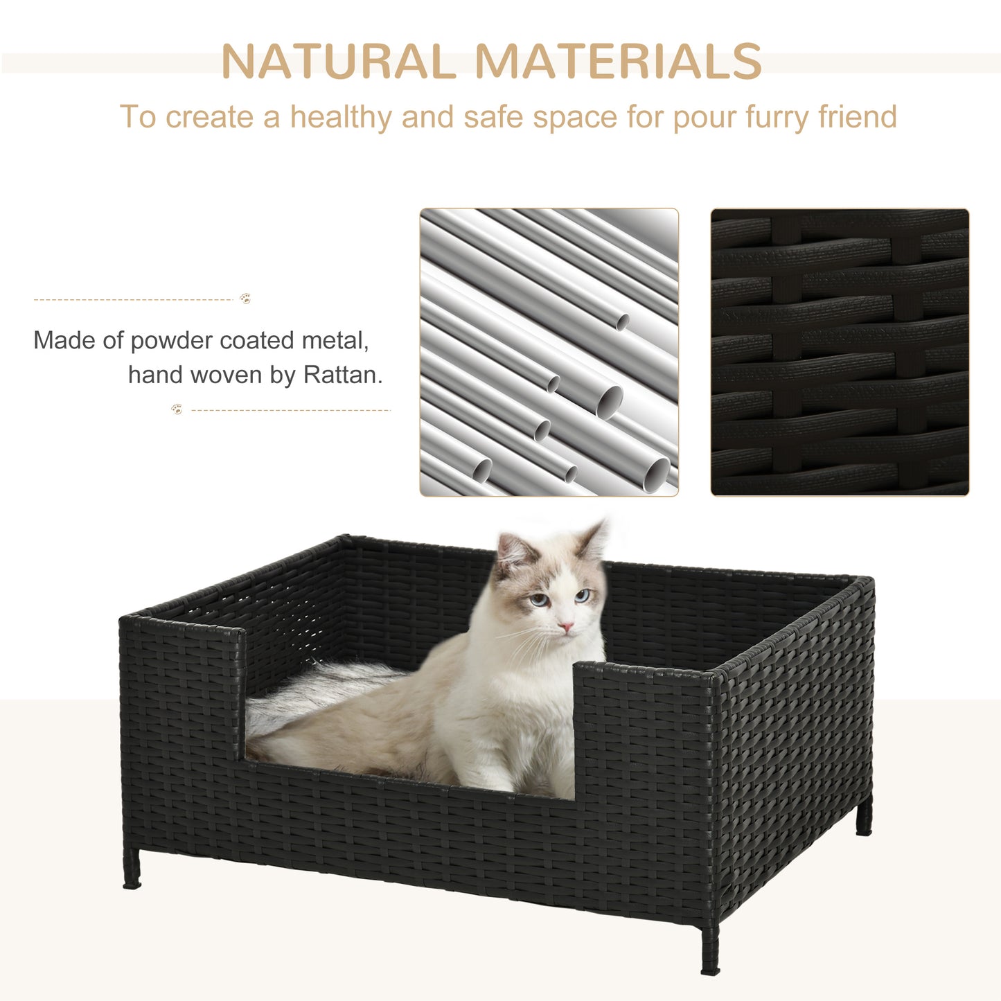 PawHut Rattan Dog Cat Bed Four Feet Pet House Hand-knitted Metal Small Animal Sofa Rattan with Soft Machine Washable Cushion Indoor Black 61L x 46W x 27H cm Use