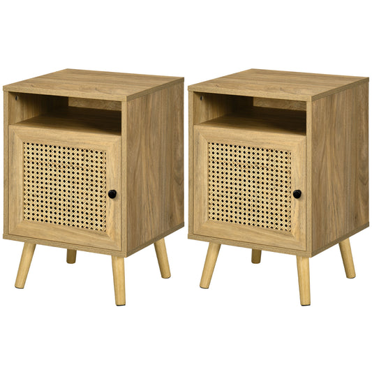 HOMCOM Bedside Table with Rattan Element Side End Table with Shelf and Cupboard 39cmx35cmx60cm Set of 2 Natural