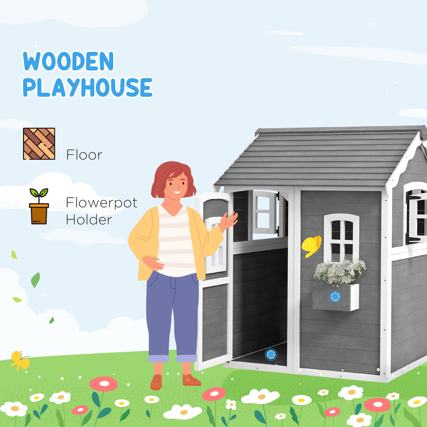 Outsunny Wooden Playhouse for Kids with Doors, Windows, Plant Box, Floors, for 3-8 Years Old, Garden, Lawn, Patio, Grey
