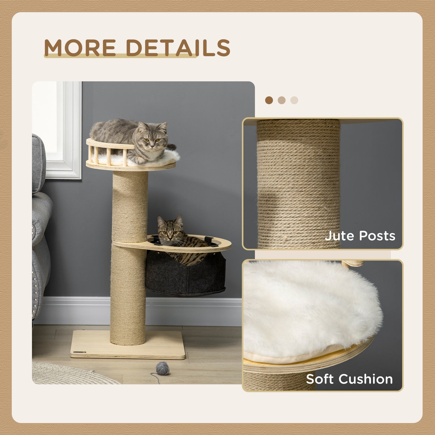 PawHut 84cm Cat Tree, Kitty Activity Center with Hammock & Bed, Cat Tower with Jute Scratching Post, Natural