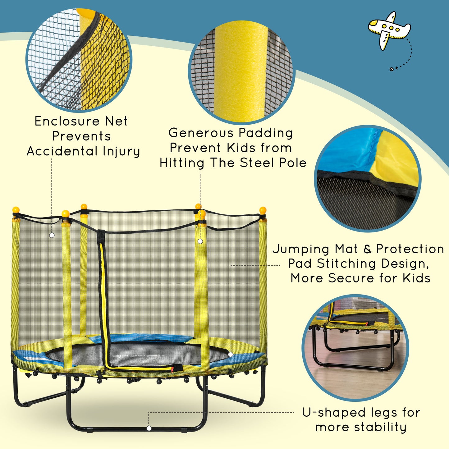 HOMCOM 4.6FT / 55 Inch Kids Trampoline with Enclosure Safety Net Pads Indoor Trampolines for Child 1-10 Years Old, Yellow