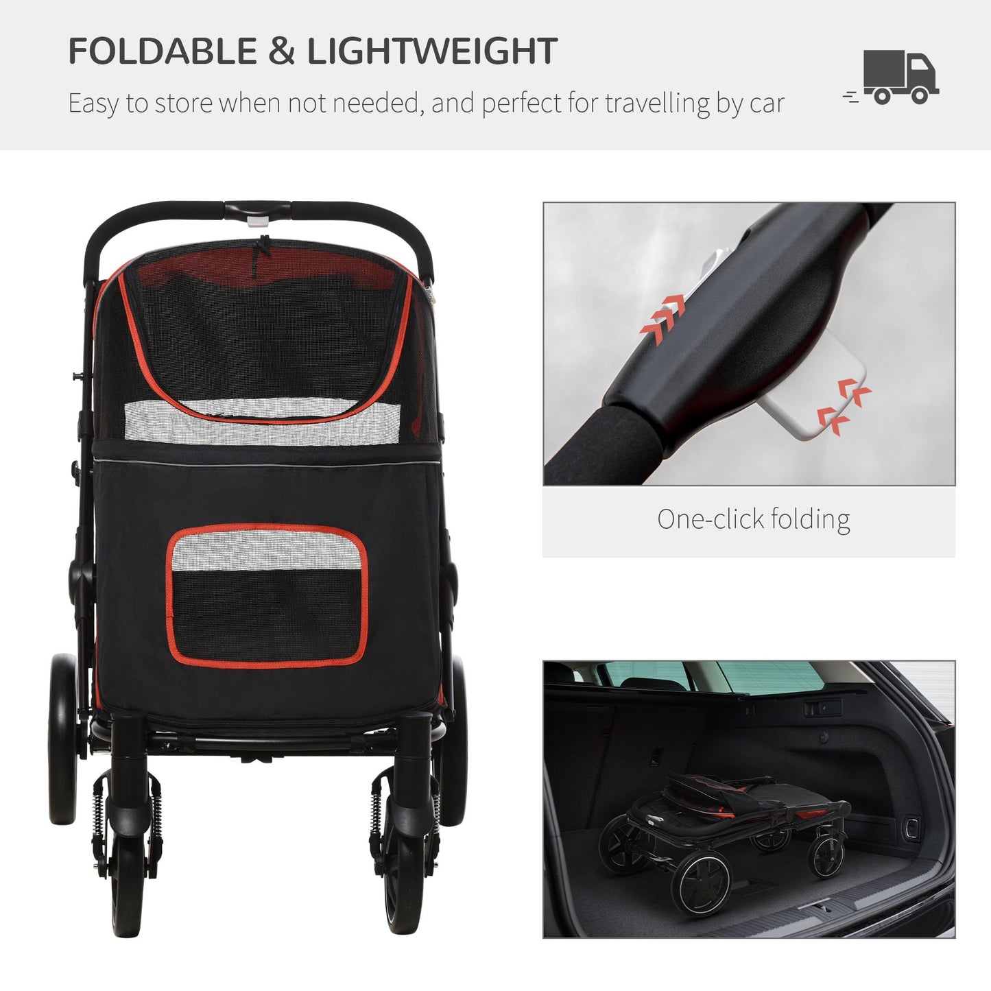 PawHut Pet Stroller with Universal Front Wheels, Shock Absorber, One Click Foldable Dog Cat Carriage with Brakes, Storage Bags, Mesh Window, Safety Leash for Large & Medium-sized Dogs, Red