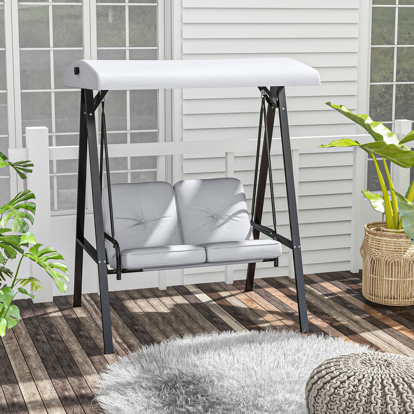Outsunny Two-Seater Garden Swing Bench, with Adjustable Canopy - Light Grey