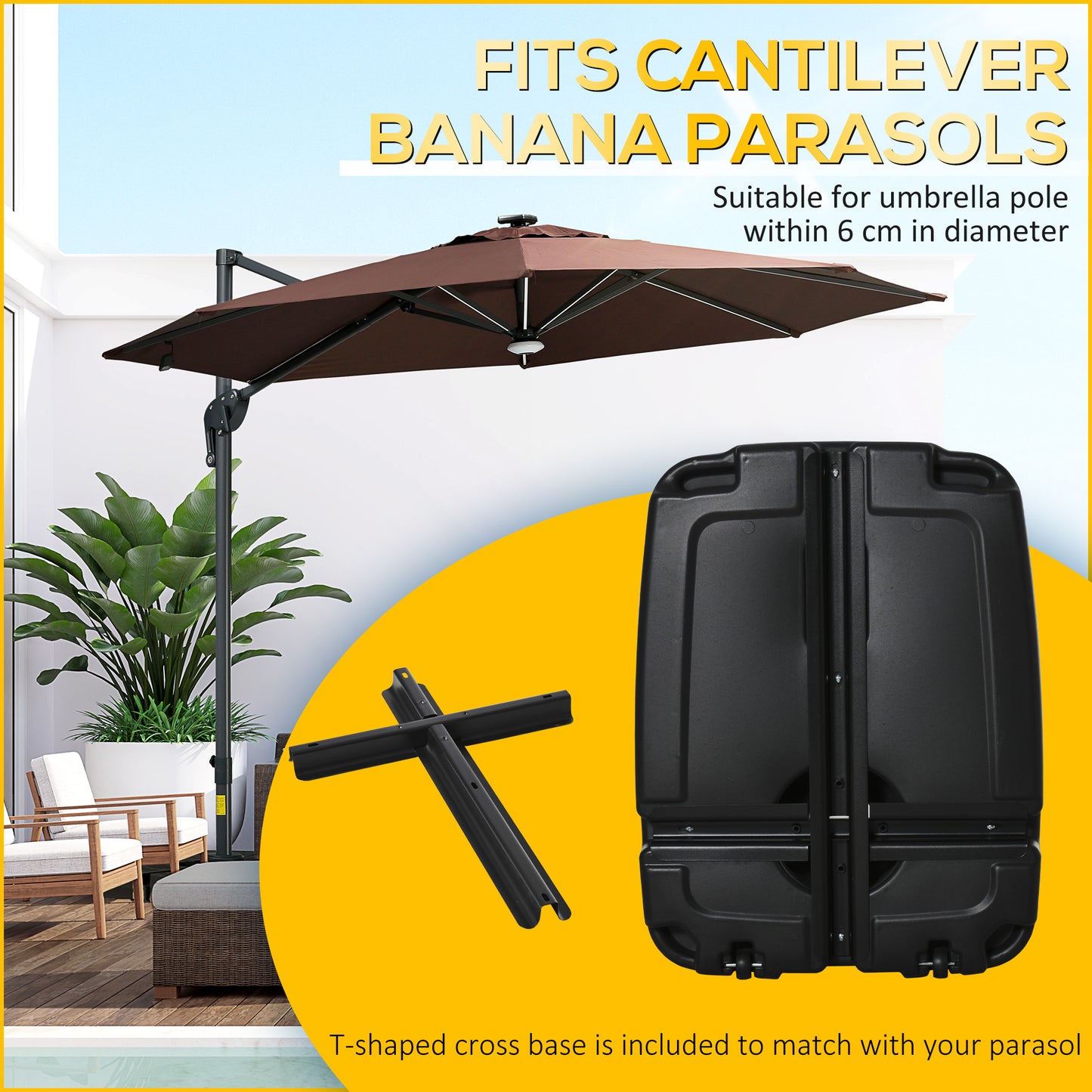 Outsunny 7.5kg Square Parasol Base Portable Umbrella Stand Weights for Cantilever Banana Parasol with Wheels, Water and Sand Filled, Up to 100kg, Black