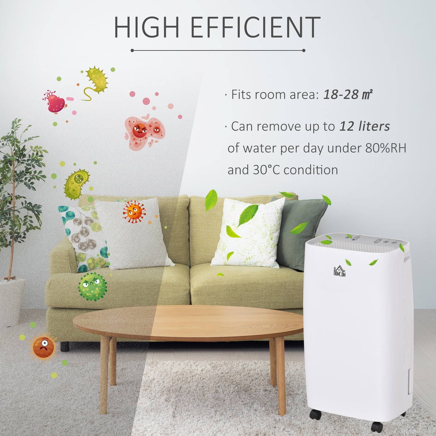 HOMCOM 12L/Day Portable Dehumidifier for Home with 24H Timer, Humidity Display and 2 Speed Modes, 2500ml Electric Air Dehumidifier with Four Wheels, White