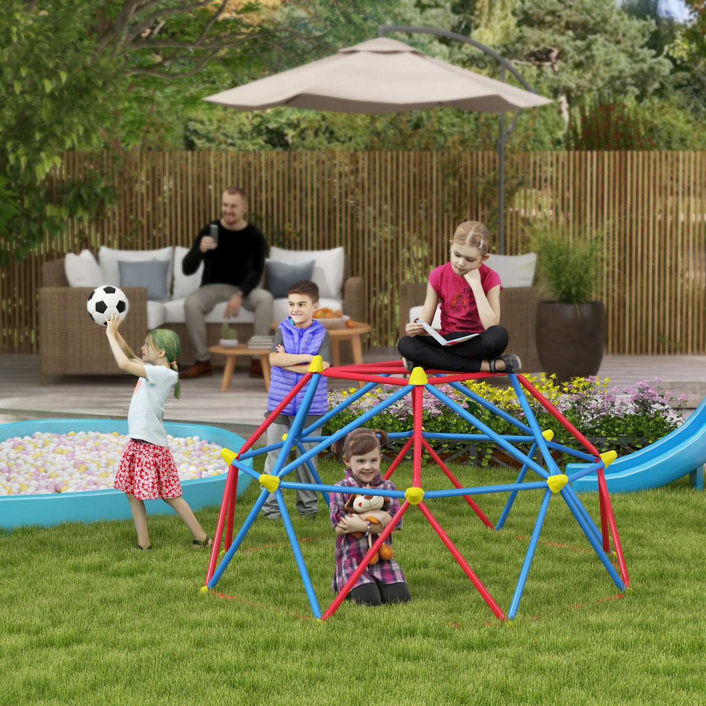 Outsunny 6 FT Toddler Climbing Frame Outdoor with Rust and UV-Resistant Steel for 1-4 Kids Ages 3-8 Years Old
