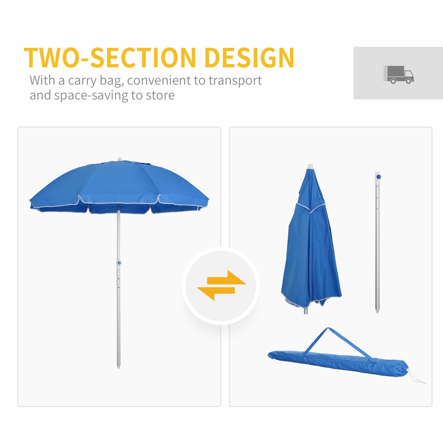 Outsunny Arc. 1.9m Beach Umbrella w/ Adjustable Angle Pointed Design Carry Bag Blue