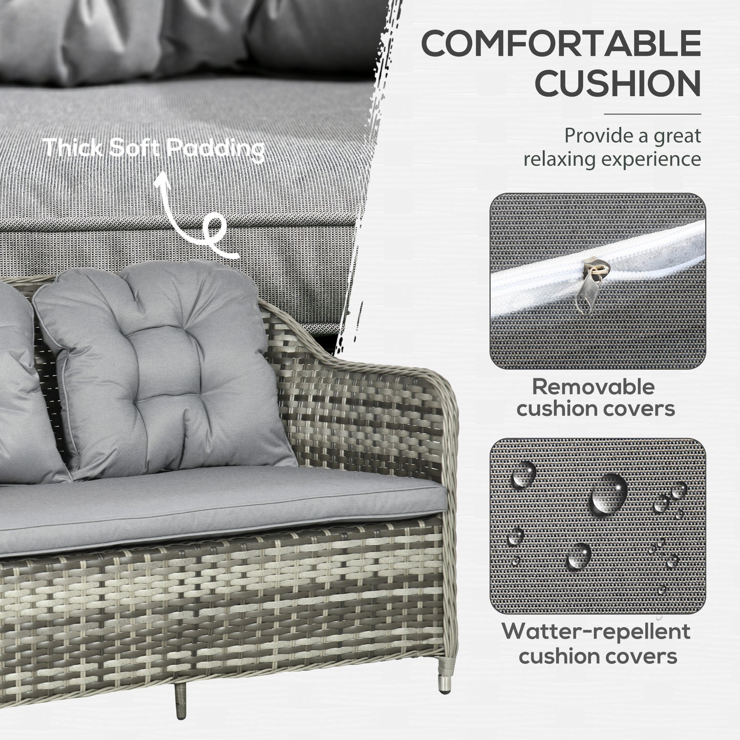 Outsunny 4-Seater PE Rattan Garden Furniture, Patio Round Wicker Woven Conversation Sofa Set w/ Padded Cushions and Glass Top Table, Grey