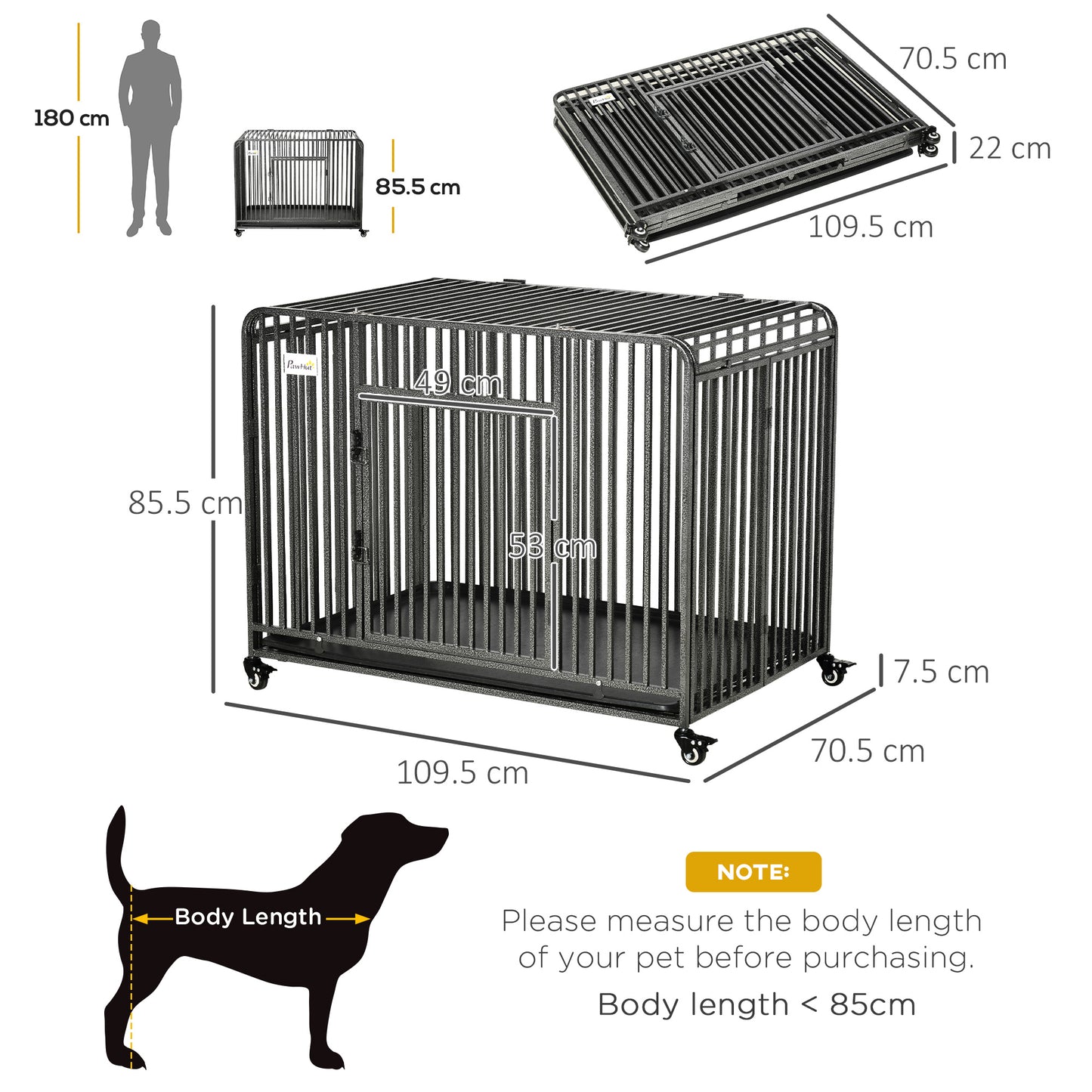 PawHut Foldable Heavy Duty Dog Crate, Dog Cage on Wheels, Portable Dog Kennel