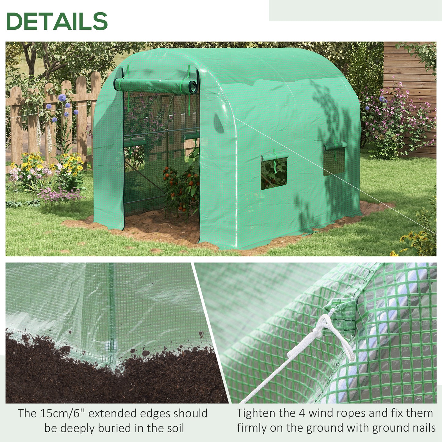 Outsunny WalkIn Garden Polytunnel Greenhouse with Steel Frame PE Cover RollUp Door and 4 Windows 2.5 x 2m Green