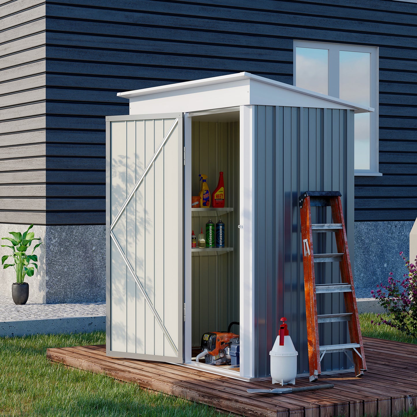 Outsunny Metal Garden Shed Outdoor Leanto Shed for Tool Motor Bike with Adjustable Shelf Lock Gloves 5'x3'x6' Grey