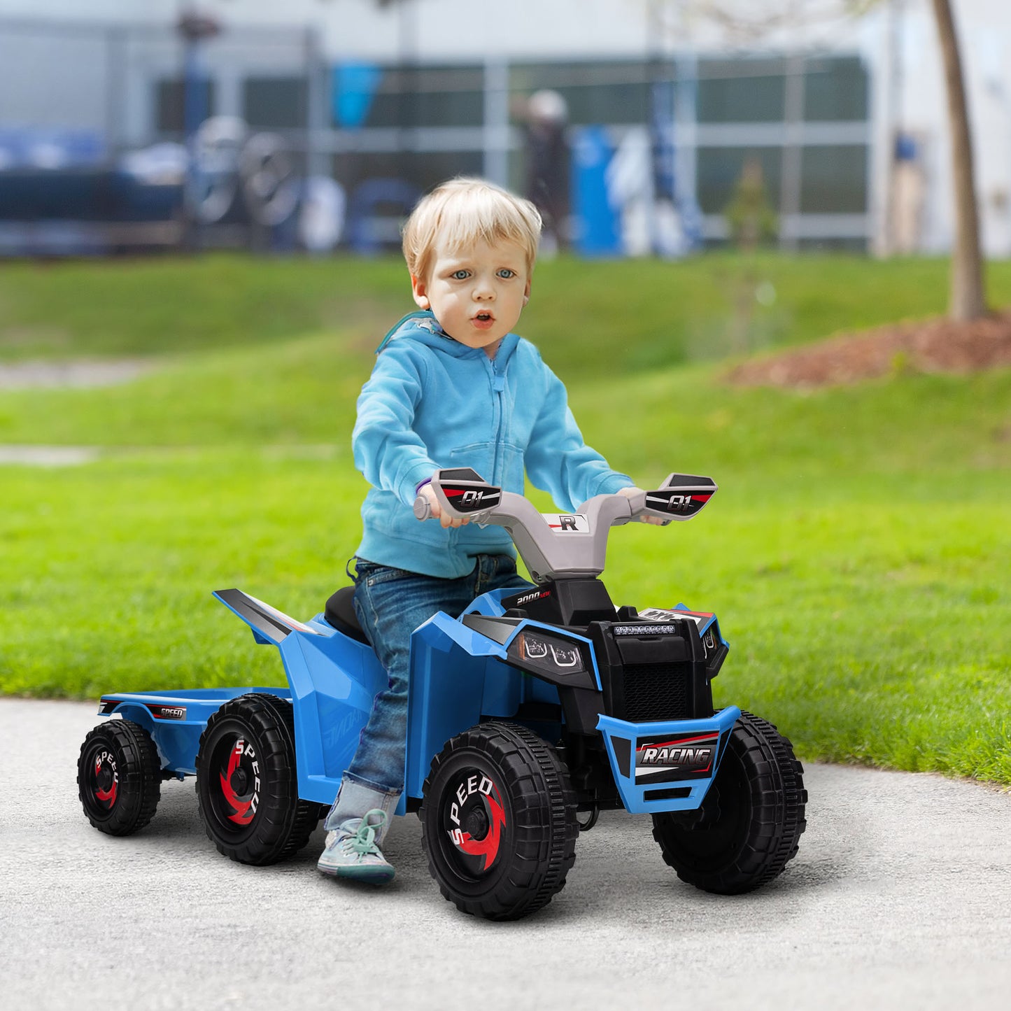 HOMCOM 6V Quad Bike with Back Trailer, Wear-Resistant Wheels, for Ages 18-36 Months, Blue