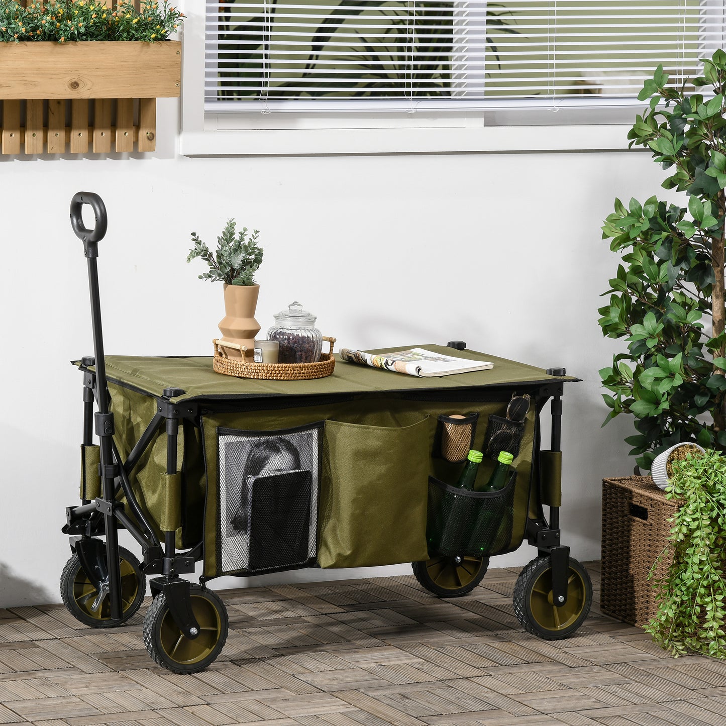 Outsunny Folding Garden Trolley on Wheels, Collapsible Camping Trolley with Folding Board, Outdoor Utility Wagon with Steel Frame and Oxford Fabric, Green