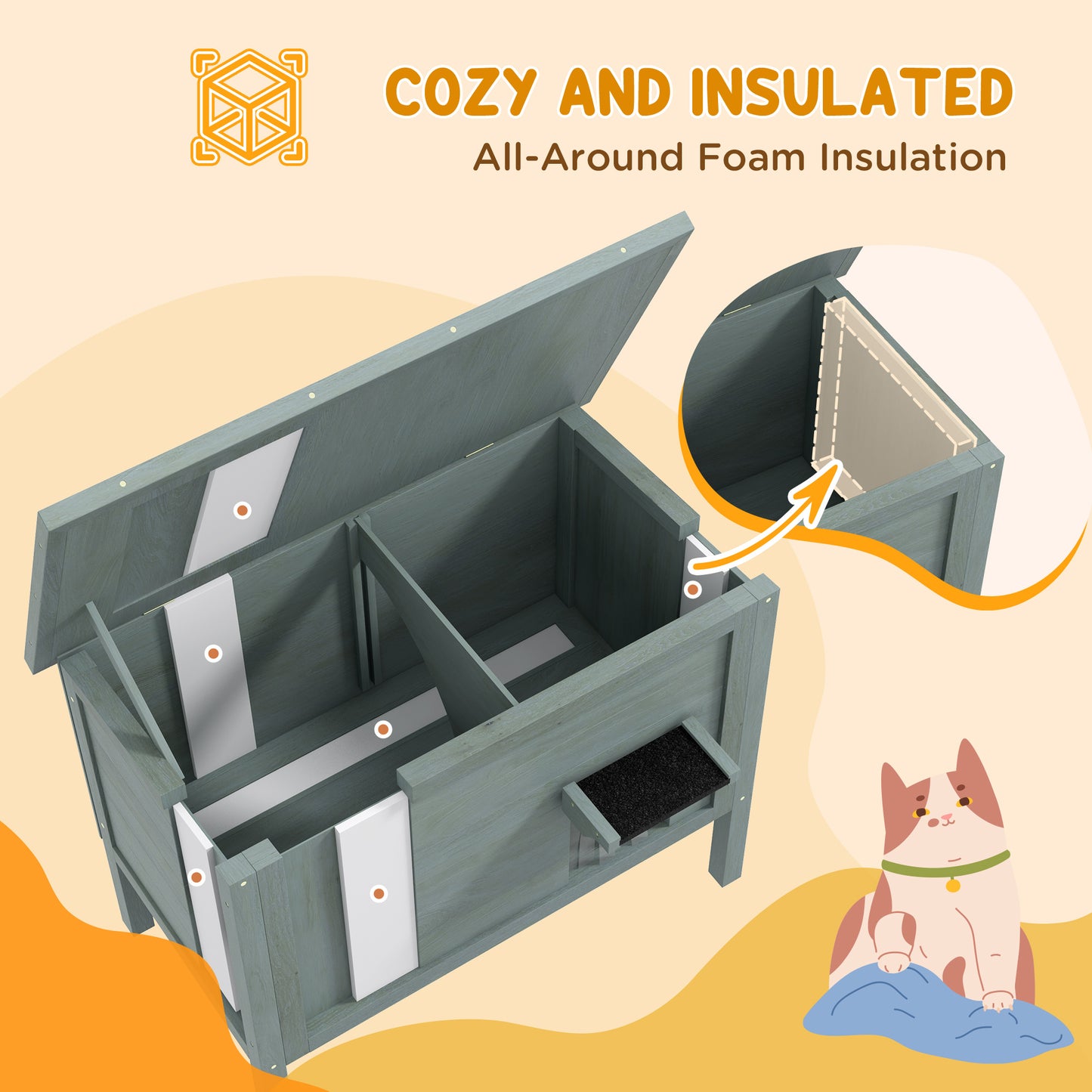 PawHut Feral Cat House Wooden Insulated with Removable Floor, Waterproof Openable Roof Charcoal Grey