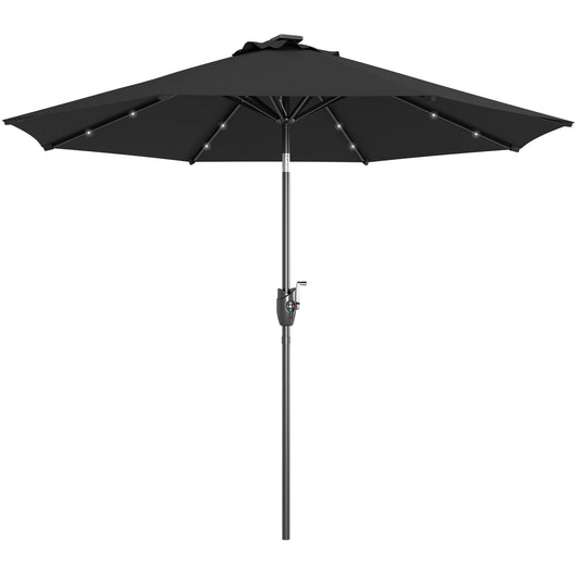 Outsunny Φ2.7m Garden Parasol Solar Outdoor Tilt Sun Umbrella Patio Sun Shade w/ 24 LED Light, Hand Crank and 8 Ribs, Black