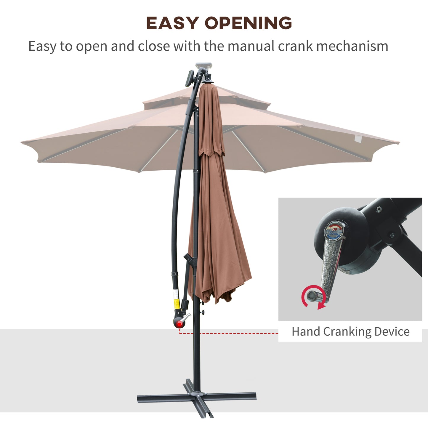 Outsunny 3(m) Cantilever Banana Parasol Hanging Umbrella with LED Solar lights, Crank, 8 Sturdy Ribs and Cross Base for Outdoor, Garden, Patio, Coffee